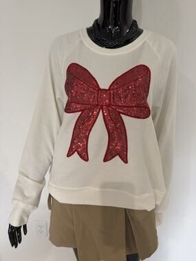 Philosophy NWT Sequin Bow Sweatshirt Women’s Large Cream Red Holiday